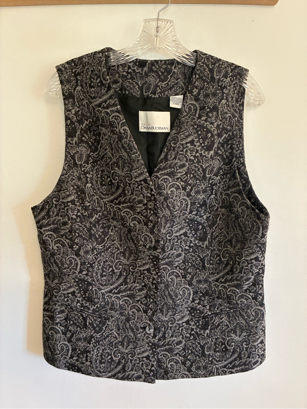 Vintage Dana Buchman Wool-Blend Vest in Black & Gray Paisley